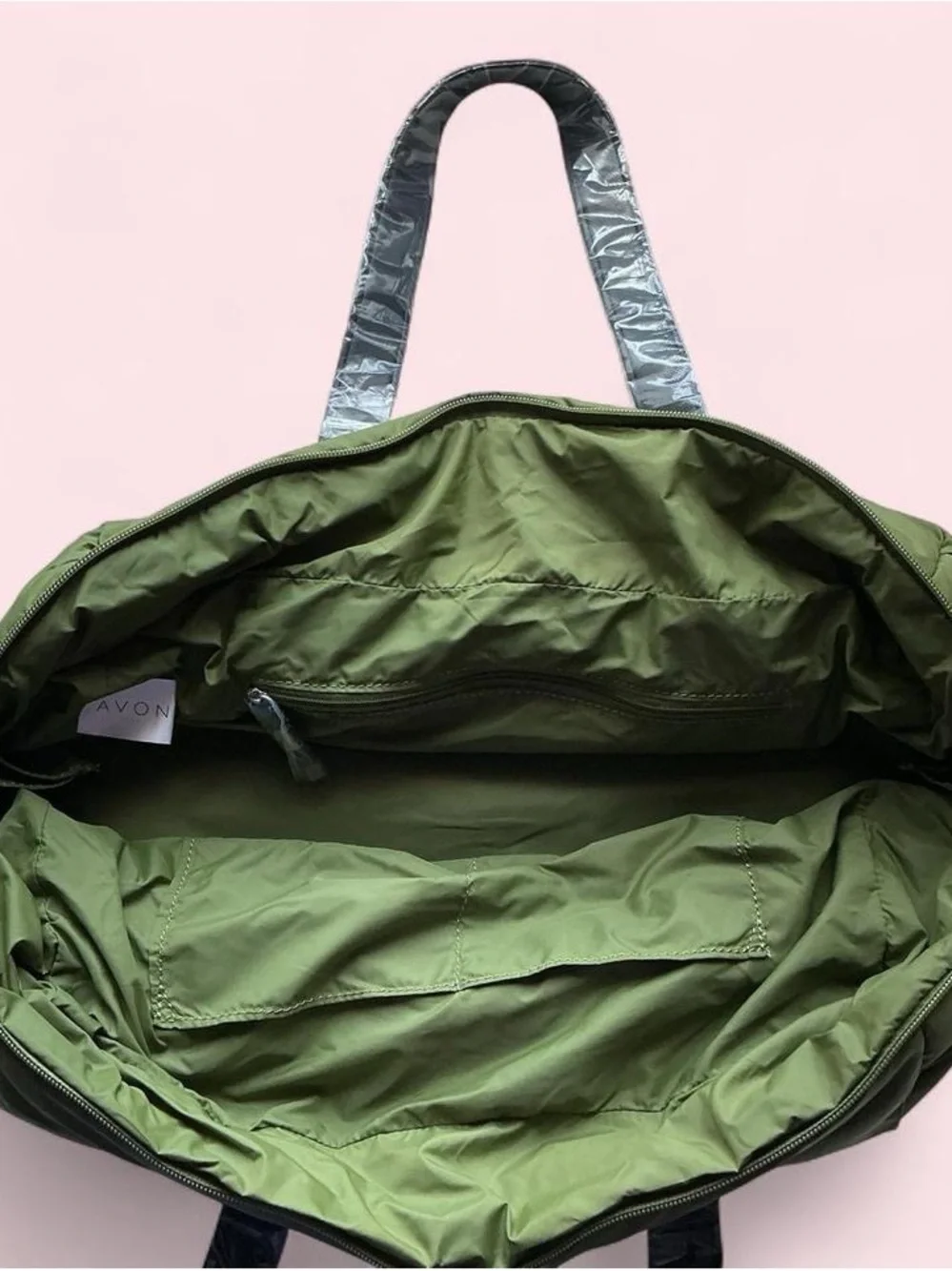 Avon Olive Green Quilted Tote with Black Handles